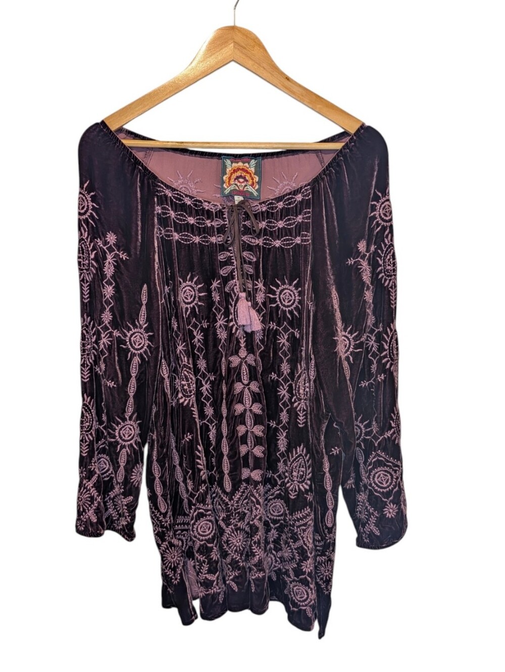 Johnny Was Plum Velvet Peasant Blouse With Embroidery Size Medium - Picture 3 of 11